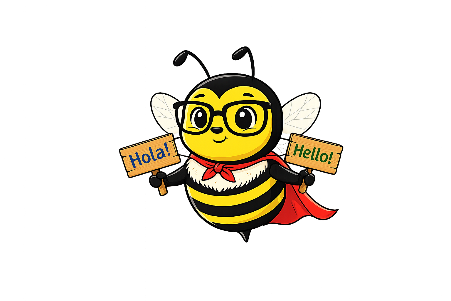 Bibi the Super Bee, the bilingual language bridge with her red cape and glasses