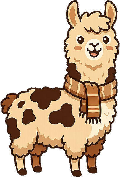 Manchas, the spotted llama mascot with a brown striped scarf