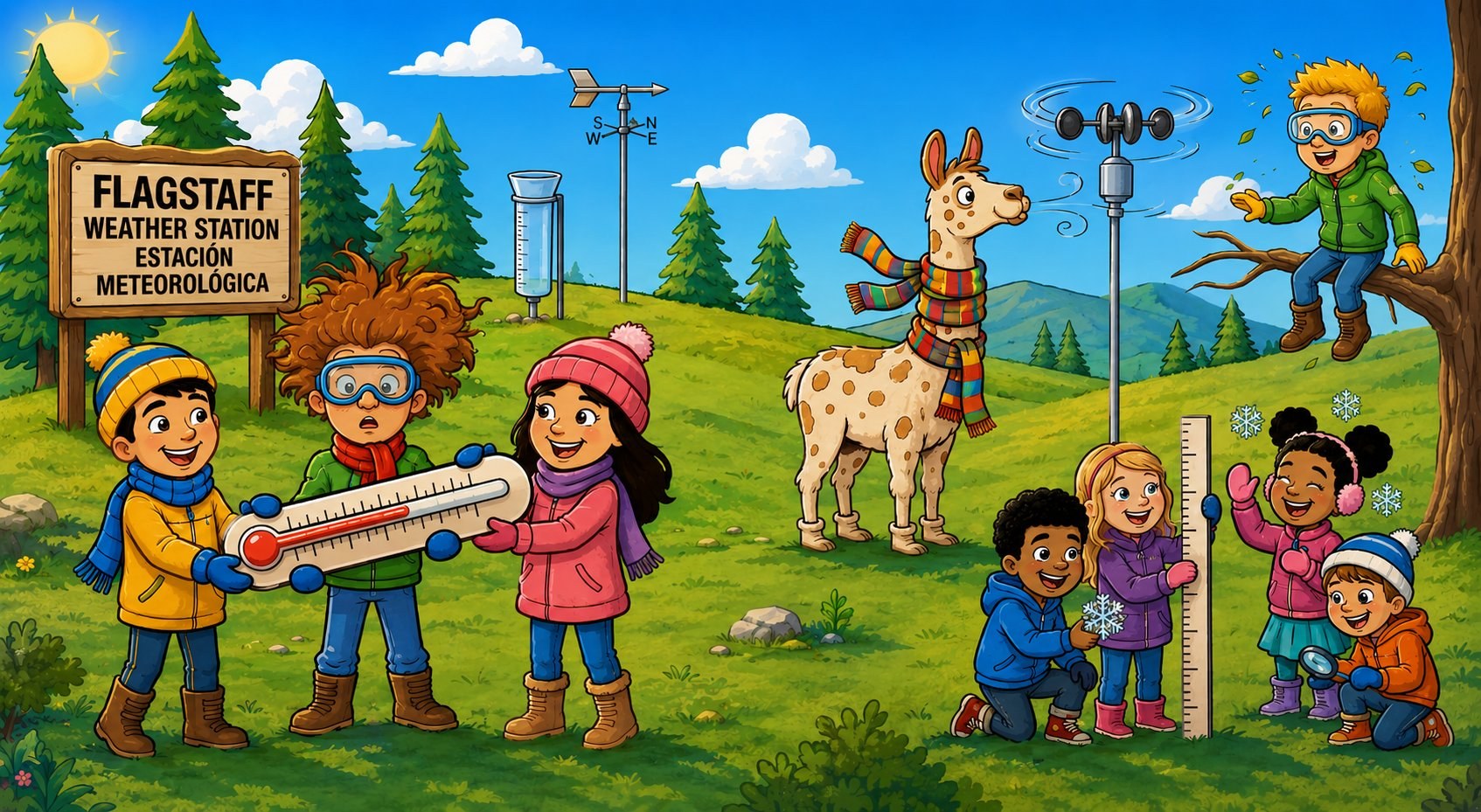 Manchas the llama and the Happy Llama Club on a field trip to the Flagstaff weather station